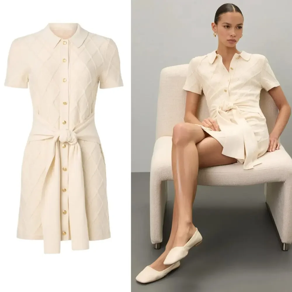 Toccin X RTR Polo Sweater Dress Short Sleeve Tie Waist Mini Off White L